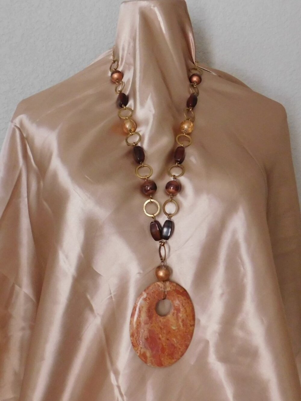 VTG Orange Real Stone Large 3.5" Pendant Chain Necklace Boho Statement